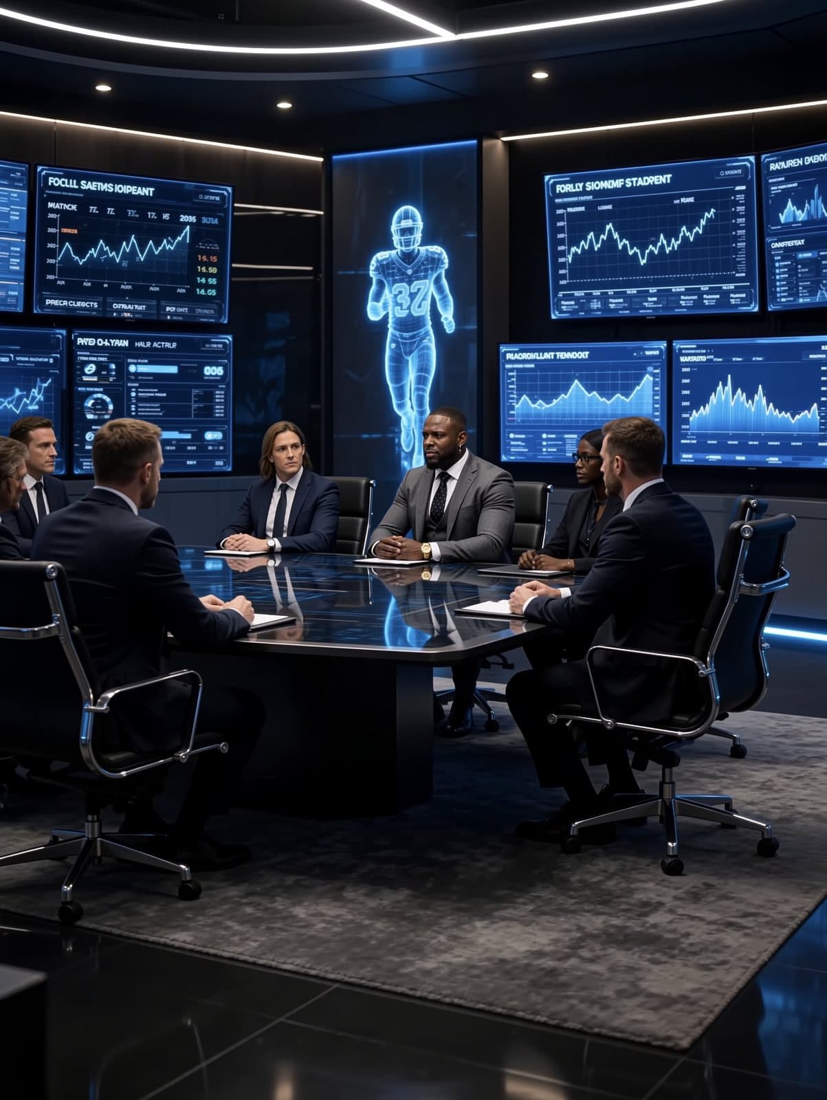 Sports intelligence team seated at a command-center conference table